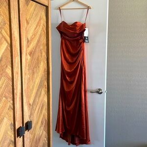 Cinderella Divine Formal Satin Gown with Slit Off Shoulder Color: Sienna Size 6